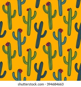 abstract vector seamless pattern with cactus, hand drawn background