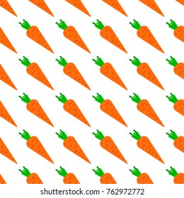 Abstract vector seamless pattern with carrots on white background. Flat illustration of product from the garden. Color image with vegetables detox. Hipster filing. Cute and beautiful print.
