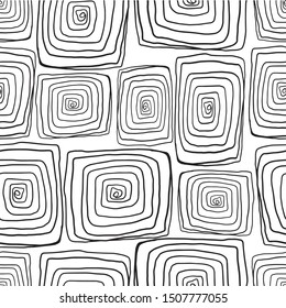 Abstract vector seamless pattern. Chaotic spiral lines in a concise composition. Original hand drawn contrast wallpaper for any application. 