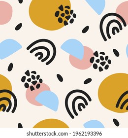  Abstract vector seamless pattern with chaotic colorful elements. Hand drawn texture with doodle lines, dots and circle shapes. Bright background for childish design