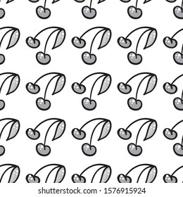Abstract vector seamless pattern. Cherry berries with leaves on white background. Vintage monochrome design, perfect for wallpaper, texture, textile, kitchen ornament, fabric