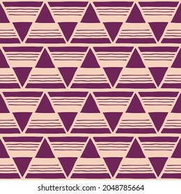 Abstract vector seamless pattern with cherry color triangles and stripes on the yellow background. Illustration of geometric shapes for packaging, wrapping, wallpaper, fabric, branding design.
