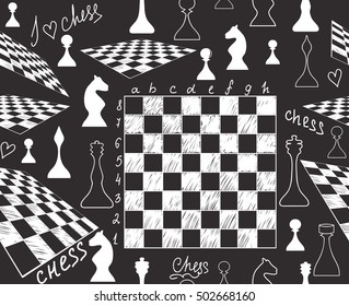 Abstract vector seamless pattern with chess boards and figures