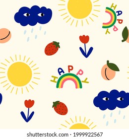 Abstract vector seamless pattern in childish hand-drawn style. Cute  print design with fruit, strawberry, rainbow, cloud, flower and quote - happy. Modern repeated background.