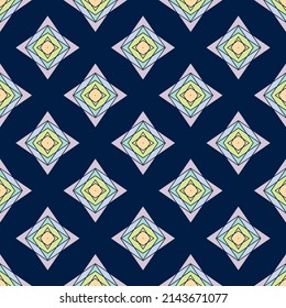Abstract vector seamless pattern with colorful diamonds, stars, rhombuses. Rainbow shapes on dark blue background. Simple funky geometric texture. Modern repeat design for decor, print, wallpapers