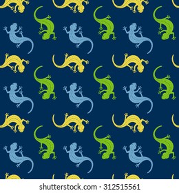 abstract vector seamless pattern with colorful lizards, salamanders on a dark blue background. wallpaper, fabric, cloth.