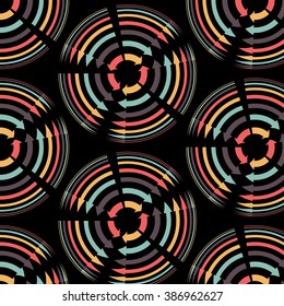 Abstract vector seamless pattern with colorful rounded arrows on black background 