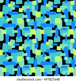 Abstract vector seamless pattern. Colorful blots of blue, green, yellow and turquoise color shapes on black background. Seamless pattern with hand-drawn elements. Decorative seamless pattern swatch