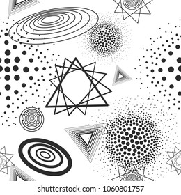 Abstract vector seamless pattern. Cosmic vector elements, geometric shapes and halftone design. Outer space background.