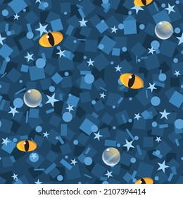 Abstract vector seamless pattern with crystal balls, yellow eyes with a vertical pupil, stars and squares on a blue background