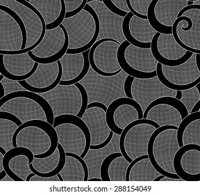 Abstract vector seamless pattern with curling lines and grid. Decorative endless texture