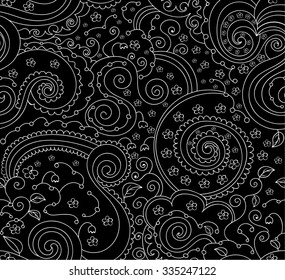 Abstract vector seamless pattern with curling figured lines and flowers