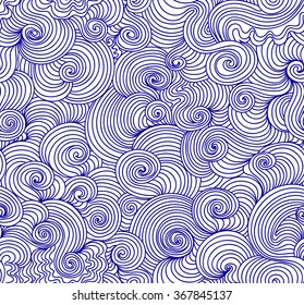 Abstract vector seamless pattern with curling blue lines, "handwritten with blue ink" effect