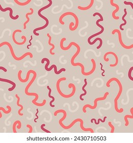 Abstract vector seamless pattern with curvy lines. Peach and mauve doodle lines on subtle beige backdrop. Creative surface art texture for printing on fabric, wrapping, textile, wallpaper, apparel etc
