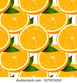 Abstract vector seamless pattern. Cute slice of oranges with green leaves. Tropical fruits background, perfect for kitchen, food, drinks, juice, restaurant menu design and more 