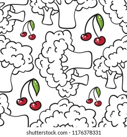 Abstract vector seamless pattern. Cute cherry berries with leaves and silhouette of trees. Simple cartoon design, perfect for wallpaper, texture, textile, kitchen ornament, fabric 