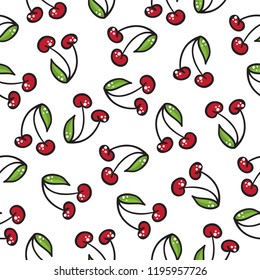 Abstract vector seamless pattern. Cute cherry berries with leaves on white background. Simple cartoon design, perfect for wallpaper, texture, textile, kitchen ornament, fabric