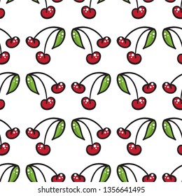 Abstract vector seamless pattern. Cute cherry berries with leaves on white background. Simple cartoon design, perfect for wallpaper, texture, textile, kitchen ornament, fabric