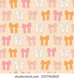 Abstract vector seamless pattern with cute bow knots. Hand drawn irregular repeated illustration with tiny ribbon bows. Ornament for surface design, fashion print for fabric, package, kids clothes