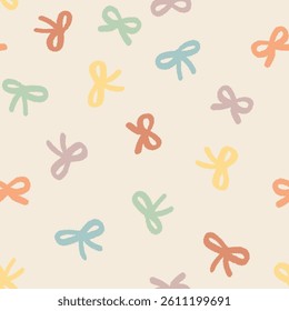 Abstract vector seamless pattern with cute bow knots. Hand drawn repeated illustration with simple flat silhouettes of ribbon bows. Ornament for surface design, background. Allover doll core print