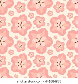 Abstract vector seamless pattern. Decorative sakura flowers on light pastel peach background. For backdrop, fabric, wallpaper, wrapping, springtime, wedding, anniversary, valentine day design. Eps 8.