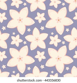 Abstract vector seamless pattern. Decorative sakura flowers on lavender background. For backdrop, fabric, wallpaper, wrapping, springtime, wedding, anniversary, valentine day design. Eps 8.