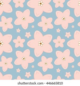Abstract vector seamless pattern. Decorative sakura flowers on blue background. For backdrop, fabric, wallpaper, wrapping, springtime, wedding, anniversary, valentine day design. Eps 8.