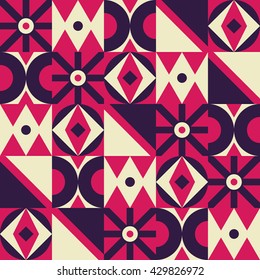 Abstract vector seamless pattern with different shapes. Modern mosaic texture in flat style. Multicolored stylized background with circles, squares and triangles.