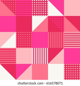 Abstract vector seamless pattern with different squares and shapes. Modern mosaic texture in flat style. Multicolored stylized background with circles, squares and triangles.