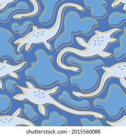 Abstract vector seamless pattern of dinosaurs and islands 