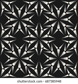 Abstract vector seamless pattern with dotted floral shapes, asters. Subtle geometric background. Stylish monochrome texture, repeat tiles. Illustration of fireworks, burst. Dark design for decor, web