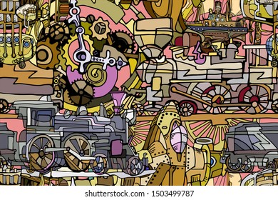 Abstract vector seamless pattern featuring fantasy retro flying machines and steam locomotives in steampunk style illustrating vintage technologies or vintage toys. Hand drawn.  