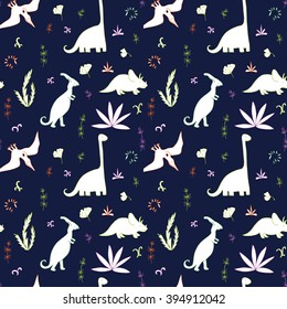 abstract vector seamless pattern with fern leaves,bushes and dinosaurs, hand drawn  background