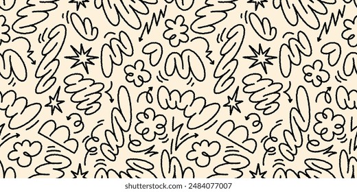 Abstract vector seamless pattern with floral shapes, groovy doodles and squiggle lines. Ideal for retro-inspired designs and creative projects