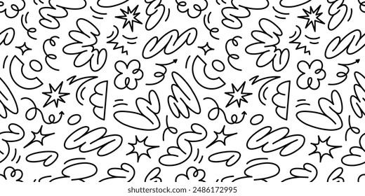 Abstract vector seamless pattern with floral shapes, groovy doodles and squiggle lines. Ideal for retro-inspired designs and creative projects