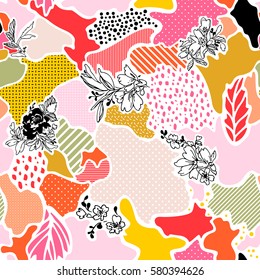 Abstract vector seamless pattern with floral elements.