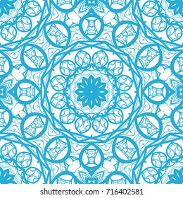 Abstract vector seamless pattern with floral mandala style. Repeating sample figure and line. blue color. For modern interiors design, wallpaper, textile industry