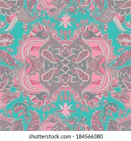 Abstract vector seamless pattern with abstract flowers and leaves on blue background. Vector illustration. Endless pattern. Use for wallpaper, pattern fills, web page background.