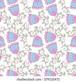 Abstract vector seamless pattern with flowers, leaves and swirls.