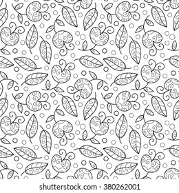 Abstract vector seamless pattern with flowers, leaves and swirls. Black and white print.