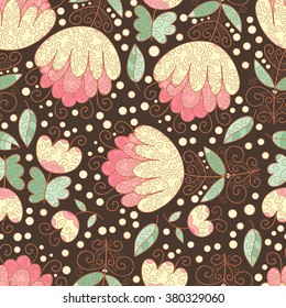 Abstract vector seamless pattern with flowers, leaves and swirls. 