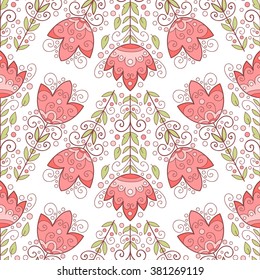Abstract vector seamless pattern with flowers, leaves and swirls.