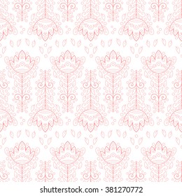 Abstract vector seamless pattern with flowers, leaves and swirls.