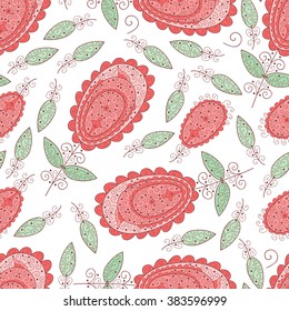 Abstract vector seamless pattern with flowers, leaves and swirls.