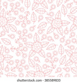 Abstract vector seamless pattern with flowers, leaves and swirls. Pink floral background.