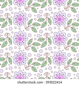 Abstract vector seamless pattern with flowers, leaves and swirls.