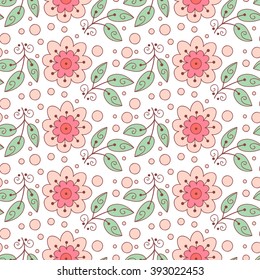 Abstract vector seamless pattern with flowers, leaves and swirls.