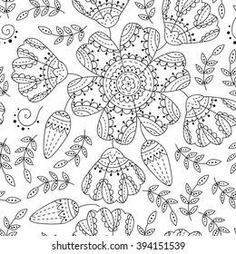 Abstract vector seamless pattern with flowers, leaves and swirls. Black and white background.