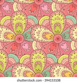 Abstract vector seamless pattern with flowers, leaves and swirls.