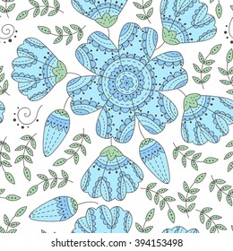 Abstract vector seamless pattern with flowers, leaves and swirls.